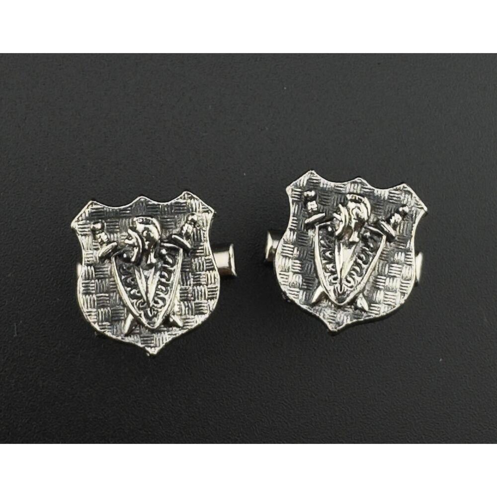 Vintage Cufflinks Men’s Silver Tone Shield Cross Swords Symbolize Protection